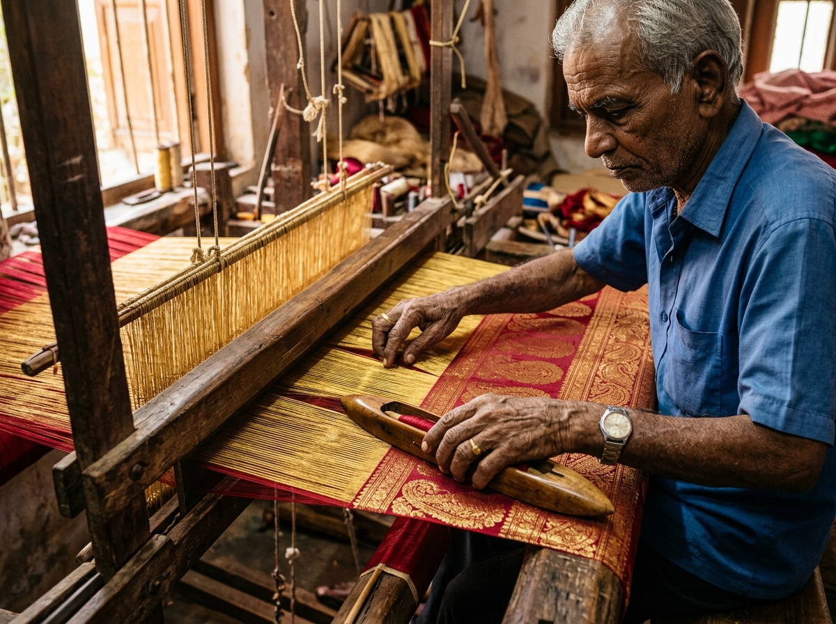 Master Weaver at Traditional Handloom Pit Loom