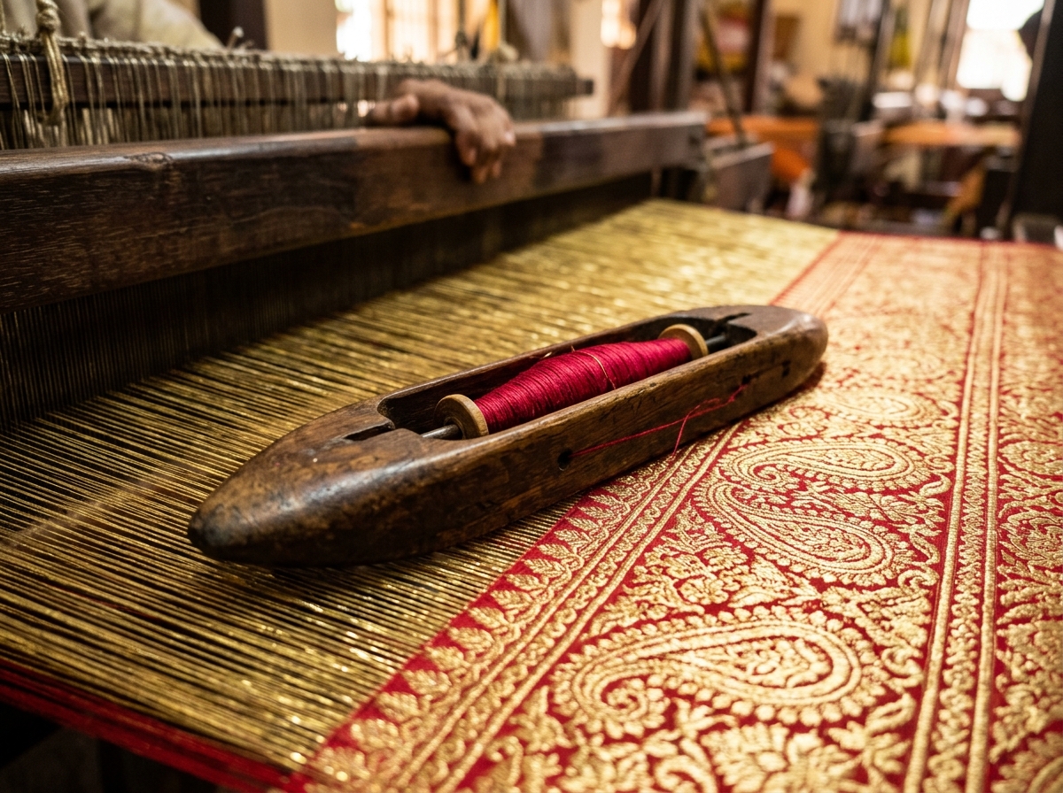 Traditional Handloom Shuttle with Gold Zari Silk Threads